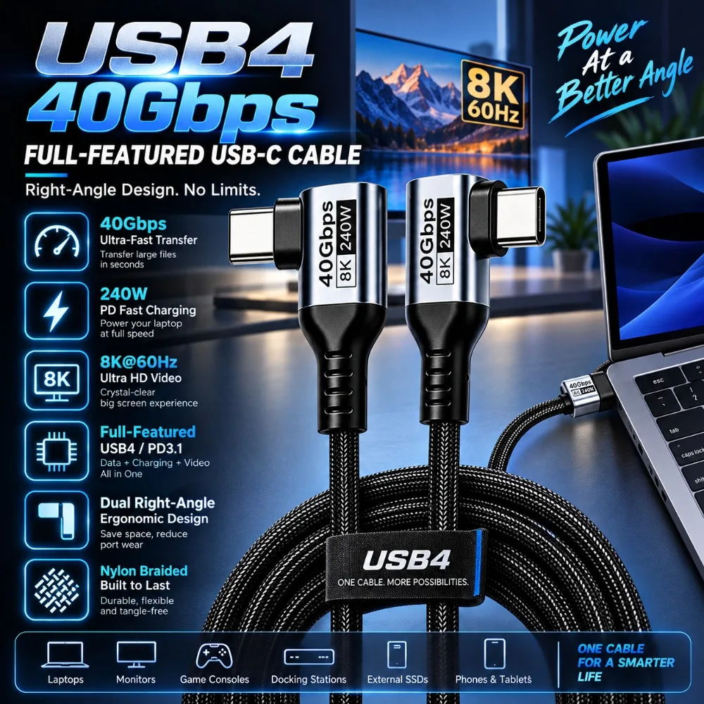 40Gbps USB4 Cable 8K@60Hz Dual 90 Degree USB-C Data Cord 240W PD3.1 E-Marker Chip Type-C Charging Cable Laptop Charging