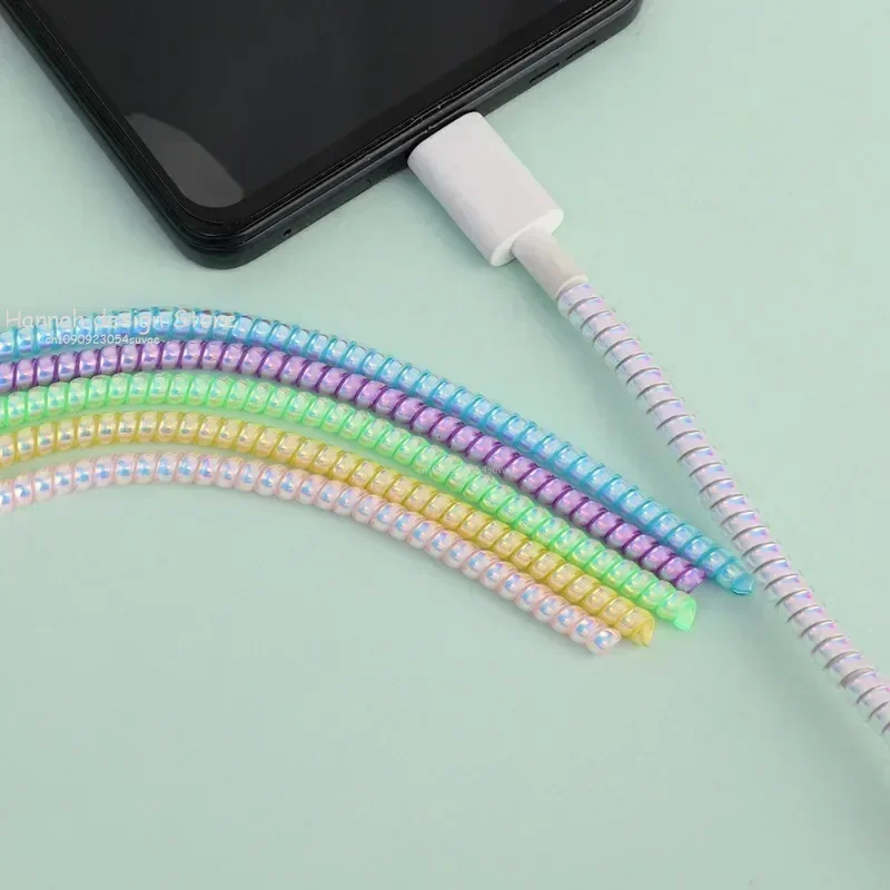 1Roll 1.6m Laser Color USB Charging Data Cable Protector Anti-break Spring Protection Rope Wire Cord Rope Earphone Bobbin Winder view 3