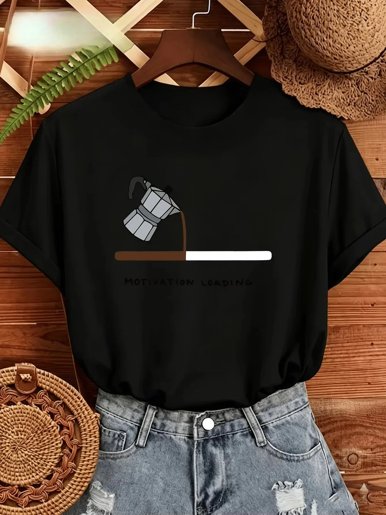 Coffee Theme Fun Slogan T-shirt MOTIVATION LOAD Funny Vitality Lady Casual Style Simple Round Neck Comfortable Short Sleeve Top