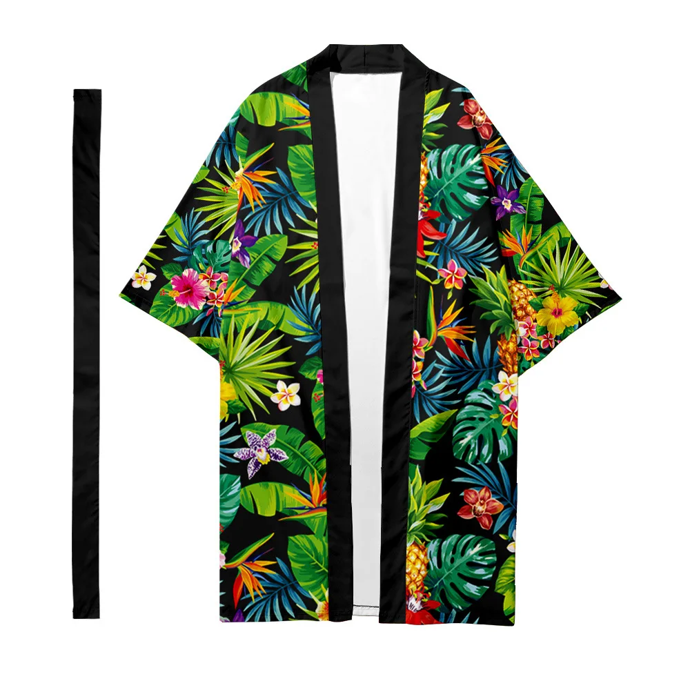 

Men's Japanese Long Kimono Cardigan Men's Samurai Costume Kimono Tropical Plant Pattern Kimono Shirt Yukata Outer Cover 3