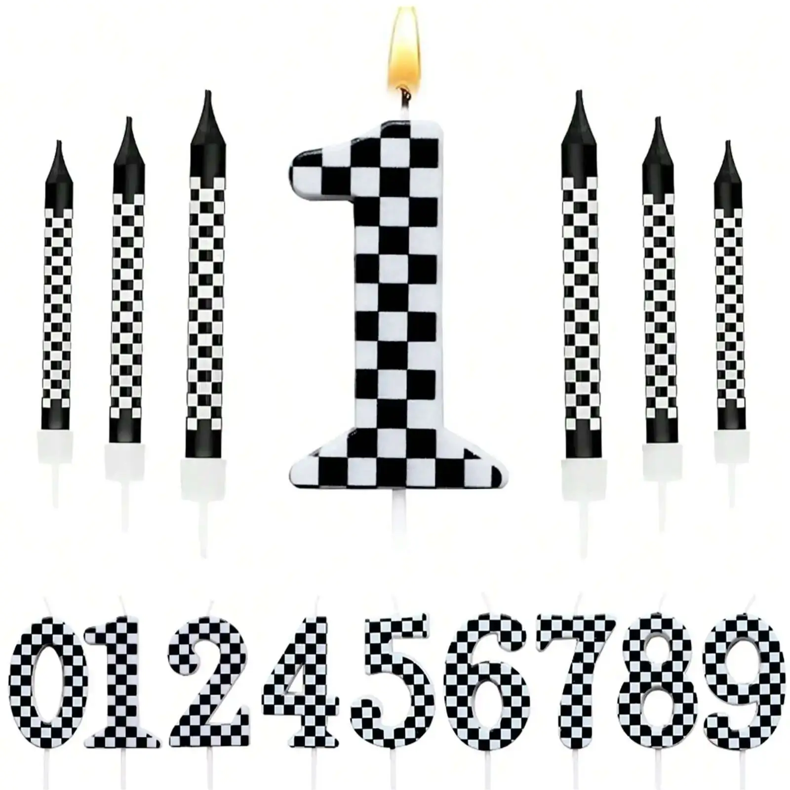 7Pcs Birthday Candles Set,Cake Numeral Candles,Racing Cars Themed Birthday Candles for Cake Candle Checkered Decoration