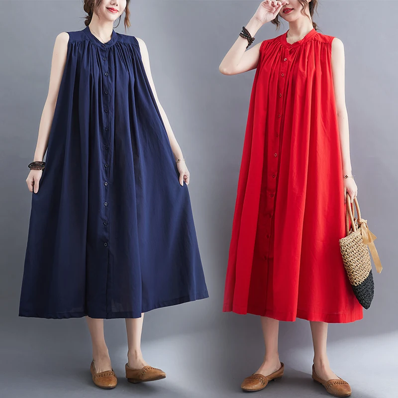 Sukienka damska plus size z plisami, jednolita, z okrągłym dekoltem, zapinana na jeden guzik, wyszczuplająca brzuch, idealna na lato.