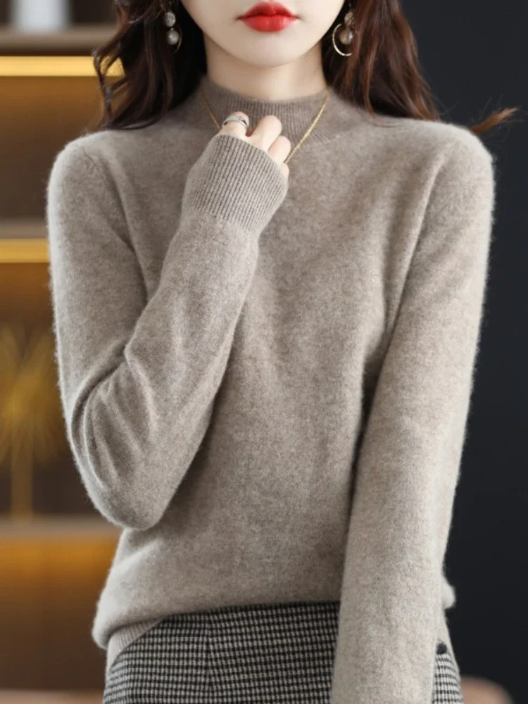2026 Autumn Winter Solid Mock-neck Pullover Fashion Sweater For Women Casual Knitwear Female Clothing Basic Soft Tops