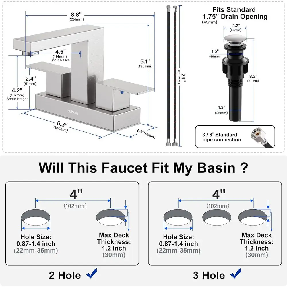 صنبور حوض من النيكل المصقول مقاس 4 بوصات مع خطوط تصريف وإمداد منبثقة، تركيبات زينة من الفولاذ المقاوم للصدأ بمقبضين، عبوتان #5