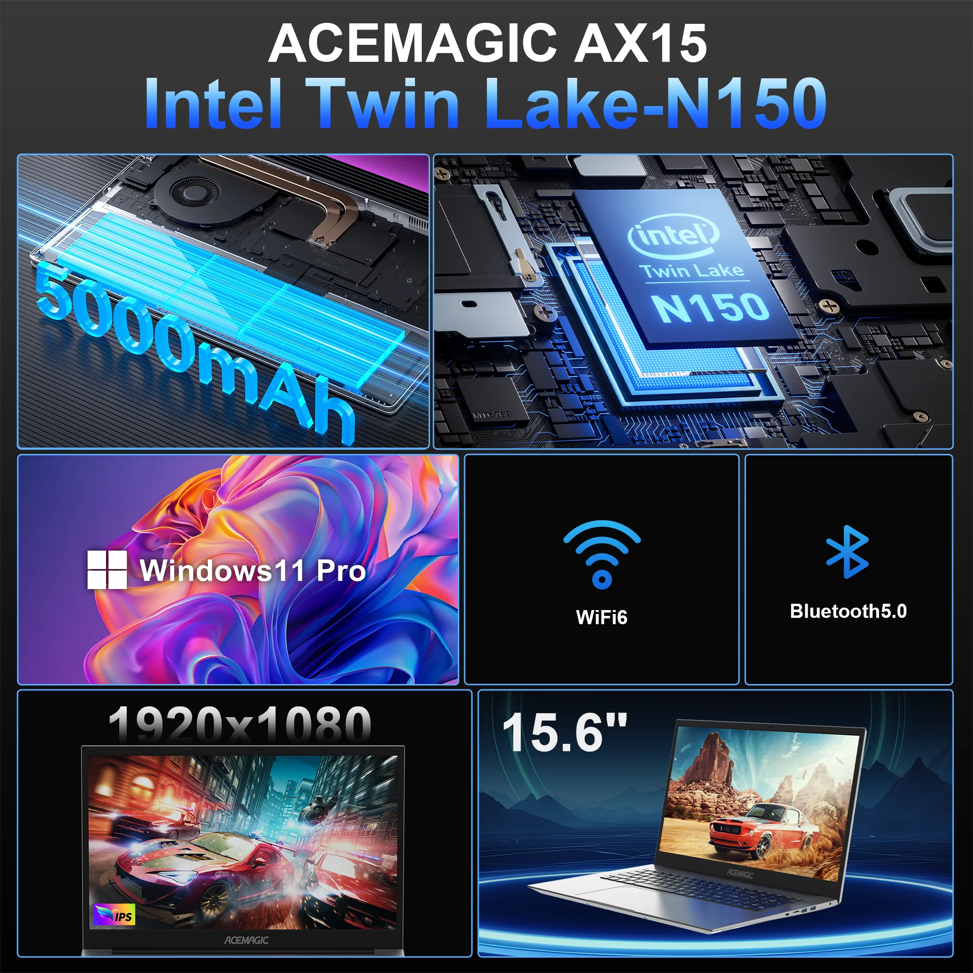 ACEMAGIC AX15 Ультратонкий ноутбук Intel Twin Lake-N150 15,6 дюйма, 5000 мАч, 16 ГБ LPDDR4, Ram, 512 ГБ, Rom, Windows 11, BT5.0, Wi-Fi 6, ноутбук