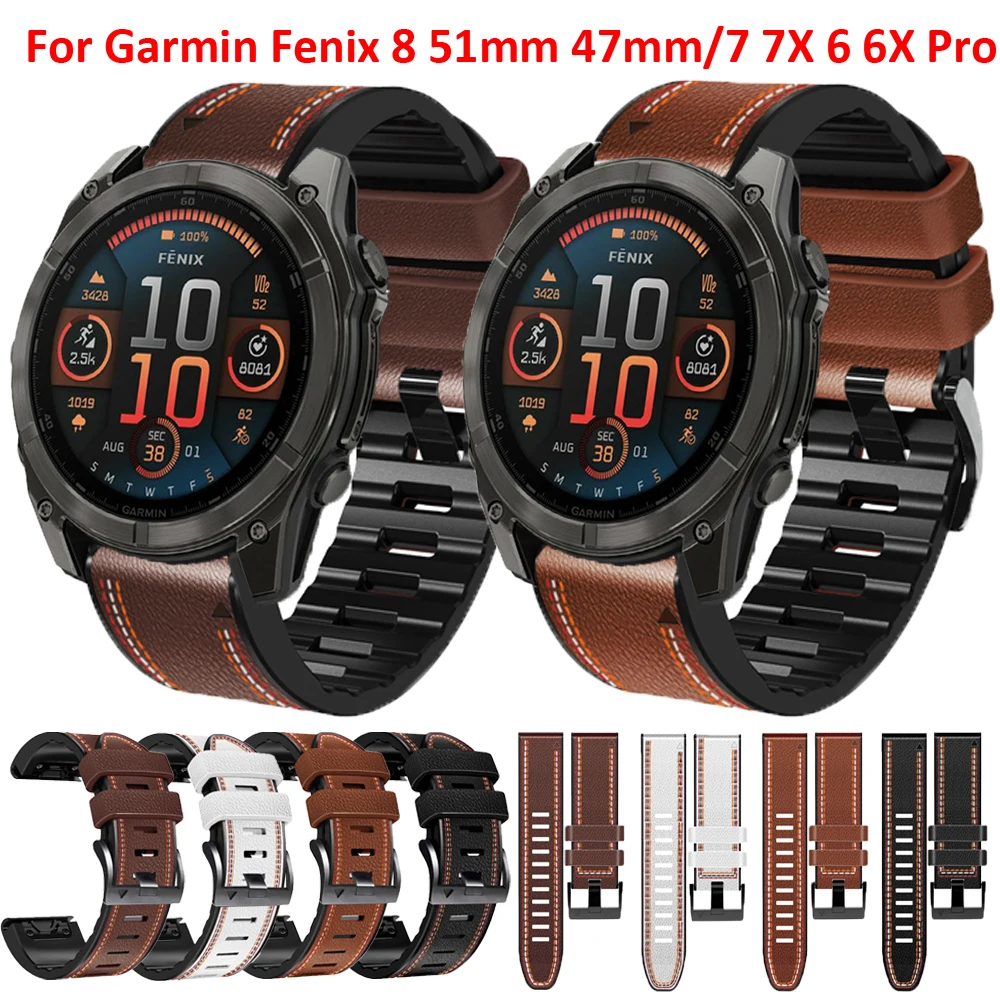 22 26mm Leather + Silicone Strap For Garmin Fenix 8 51mm 47mm/Fenix 7 7X 6 6X Pro 5 5X Plus/Fenix E Watch Band Quickfit Bracelet