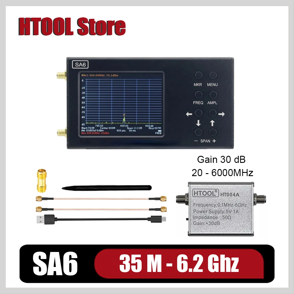 

HTOOL SA6 Spectrum Analyzer Handheld Frequency Portable Analyzer 35 To 6200 MHz RF Input Signal Generator HT004A 100K-6Ghz 30dB