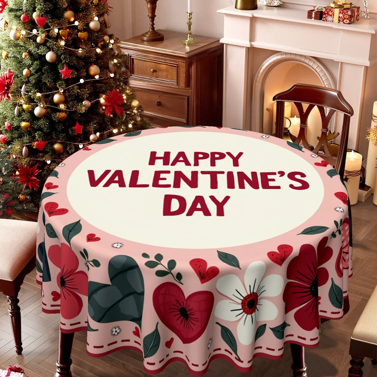 1 piece, round tablecloth, specially designed for Christmas and Valentine's Day, with floral and loving patterns