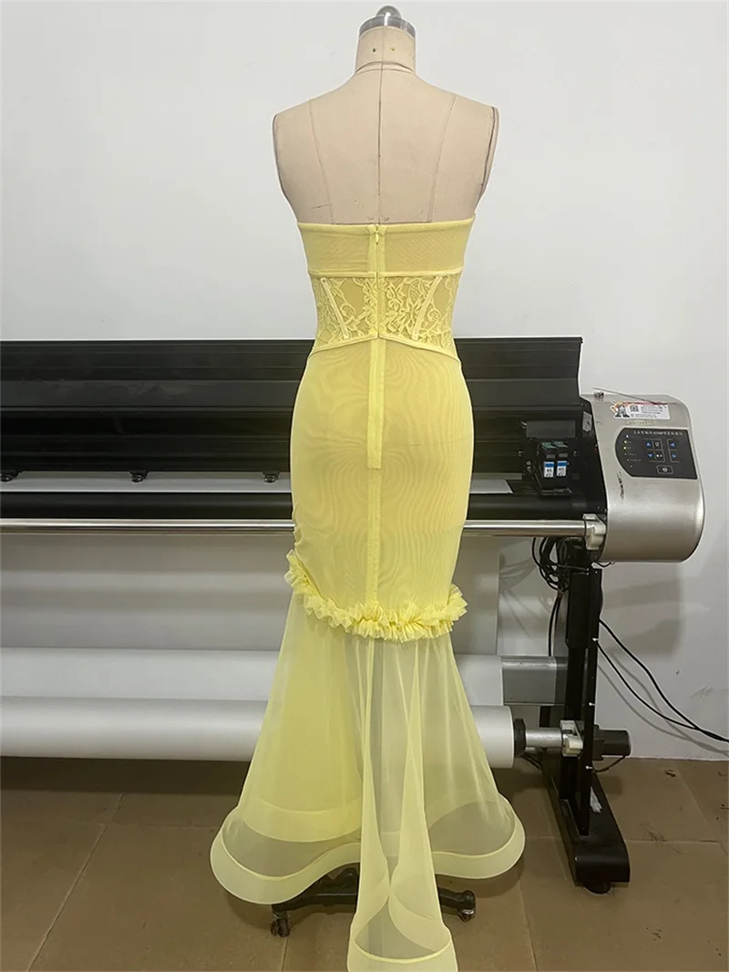 Yellow Prom Dress Sexy Corset Lace Up Hollow Sleeveless Long Mermaid Formal Wedding Guest Robes Autumn 3D Flower Bridal Gown - view 4