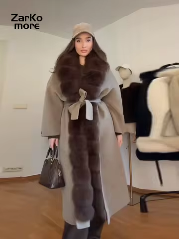 Fashion Fur Spliced Lace Up Woolen Coat Women Lapel Full Sleeve Belt Chic Jacket 2025 Autumn Winter Lady Warm Outwears New