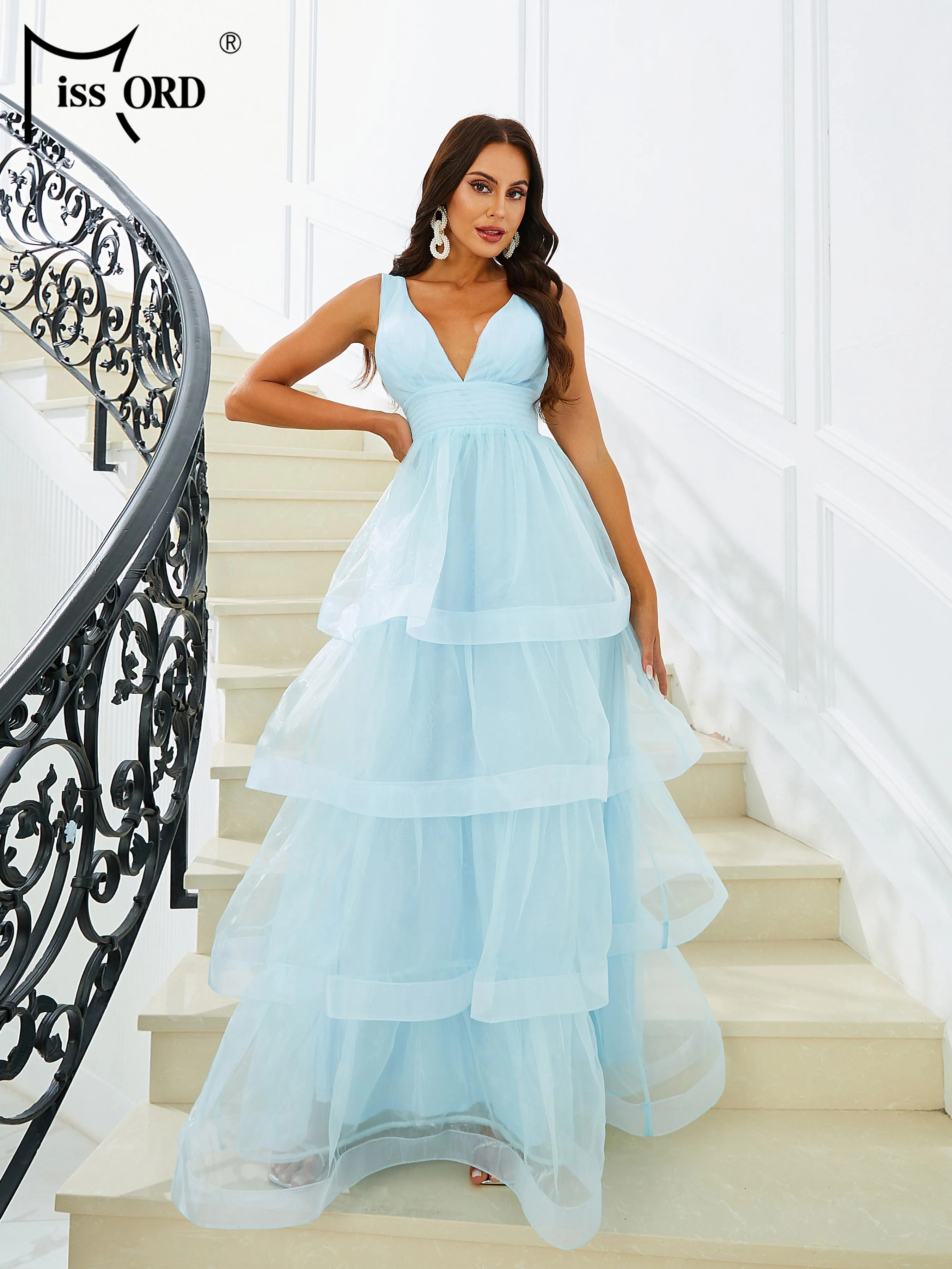 

Missord Elegant Sky Blue Party Dress For Birthday Women V Neck Sleeveless Loose A-line Cake Dresses Girls Long Prom Evening Gown