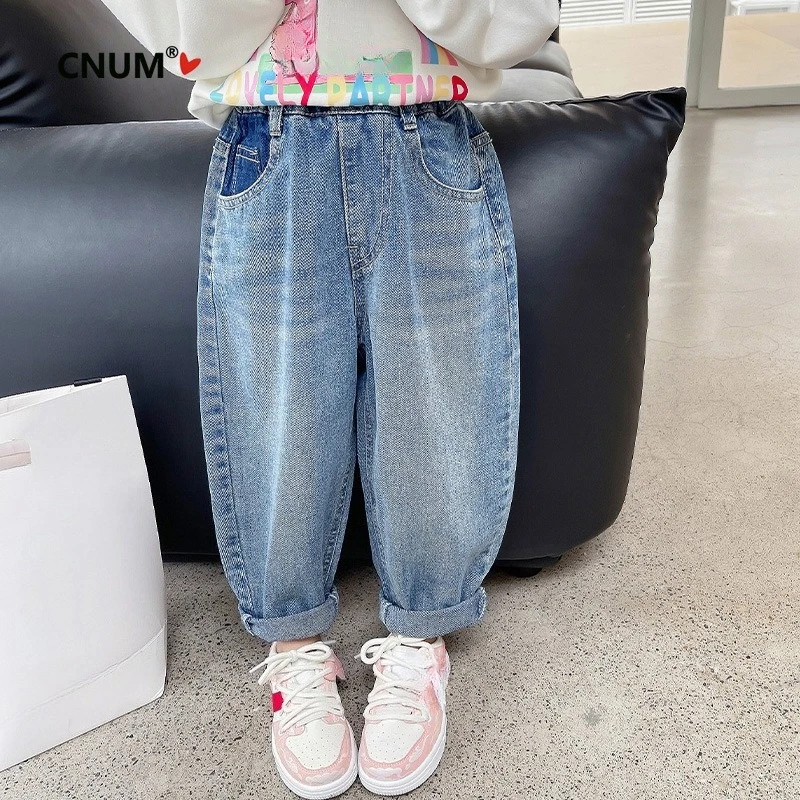 CNUM Baby Girls' Casual Jeans with Patch Pockets, Color-block Strawberry Logo, Loose Fit Spring Pants for Toddler Kids Clothes