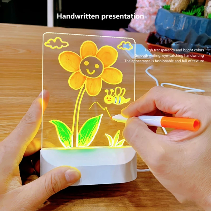 LED Children's Hand Drawn Luminous Drawing Board Erasable Lighting USB Plug-in Night Light DIY Creative Toy With 7 Pens Gift NEW