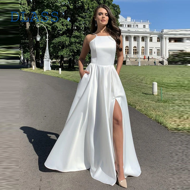 Elegant White Long Prom Dresses 2024 Sexy High Thigh Split Spaghetti Strap Top A Line Simply Evening Party Bridal Ball Gowns