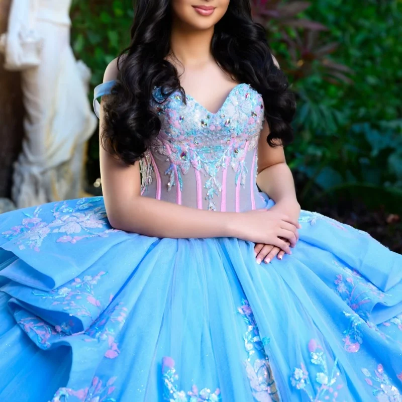 Blue Quinceanera Dress Glitter Flower Decal Layering Long tail off-shoulder Bow Vestidos De 15 Quinceanera Customize