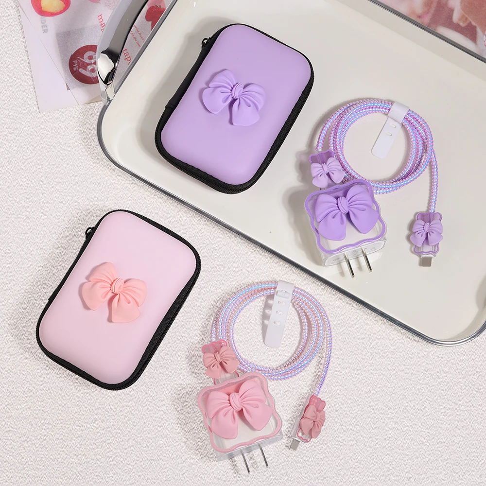 Korea Cute 3D Love Heart+EVA Storage Bag Set Charger Cover For IPhone 16 15 14 13 12 11 18W-20W Charge Correa Protection Sleeve