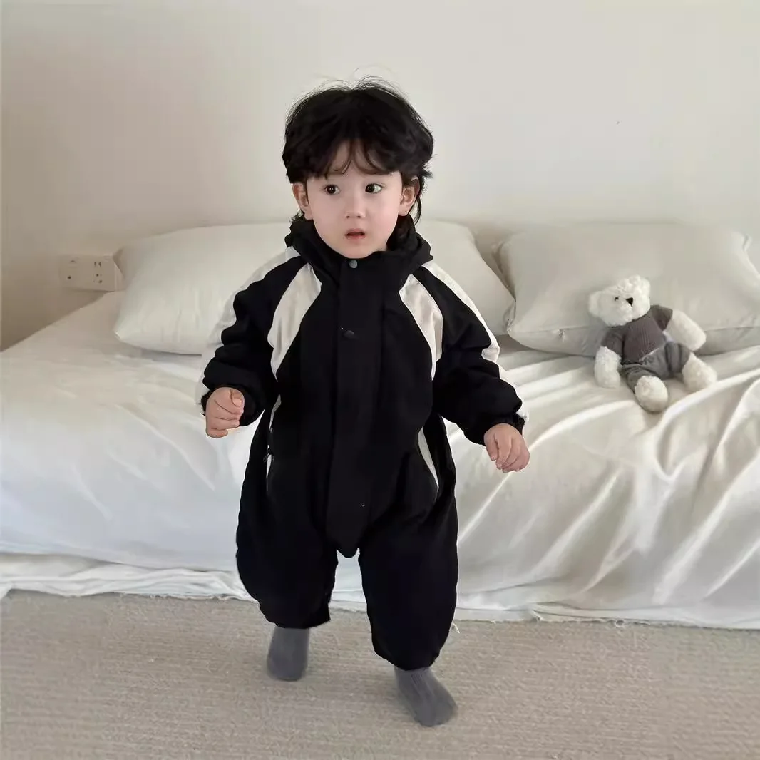 Baby Outdoor Clothing Autumn Baby Jumpsuit 2024 New Korean Children Clothing Boys Patchwork Hooded Rompers