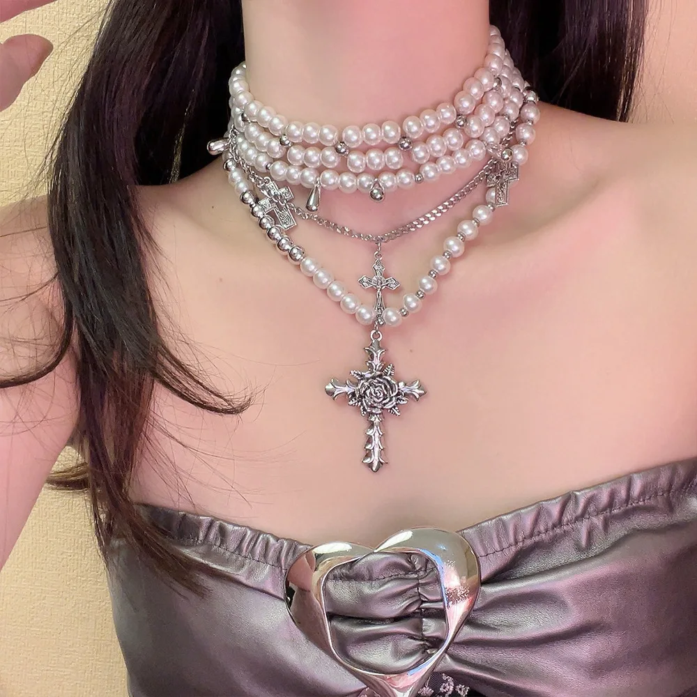 French Vintage Design Floral Cross Faux Pearl Stacking Necklace for Women Y2k Niche Holiday Party Punk Style Jewelry Accessories
