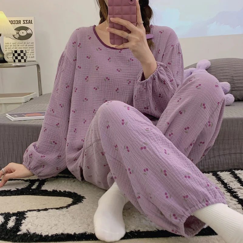 

Women's Autumn Winter Pajama Set Cotton Gauze Long-Sleeve Sleepwear Girls' Cherry Print Plus Size Loose Homewear Set