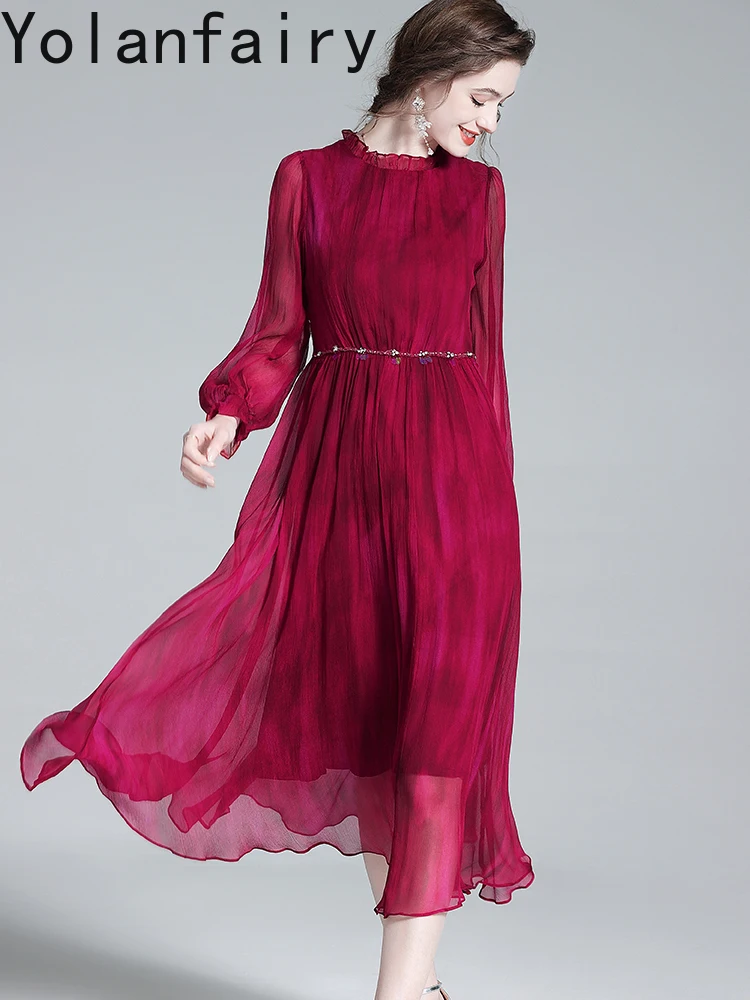 YOLANFAIRY New Autumn 100% Real Mulberry Silk Dresses Woman High-end Elegant Women Dress Cinched Waist Long Sleeve Dress Robe