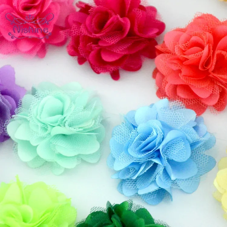 Flores de malla satinada para niños, accesorios florales para el cabello, diadema para Boutique, decoración de boda, 20 unidades por lote