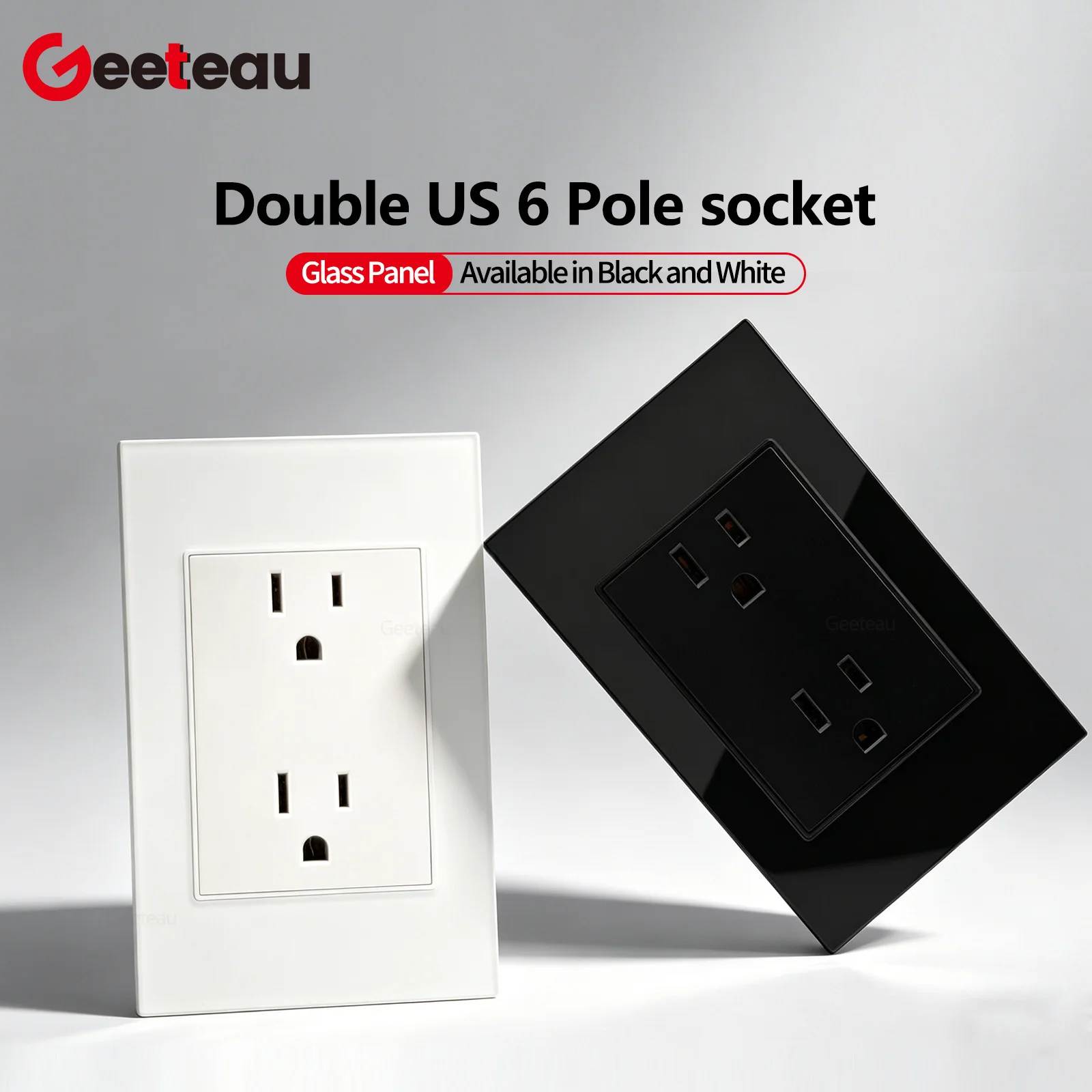 Geeteau México Latinoamérica Enchufe Doble de 6 Orificios 118mm Panel de Vidrio Blanco y Negro con Hebilla de Seguridad Tomacorriente de Pared de Cobre Grueso