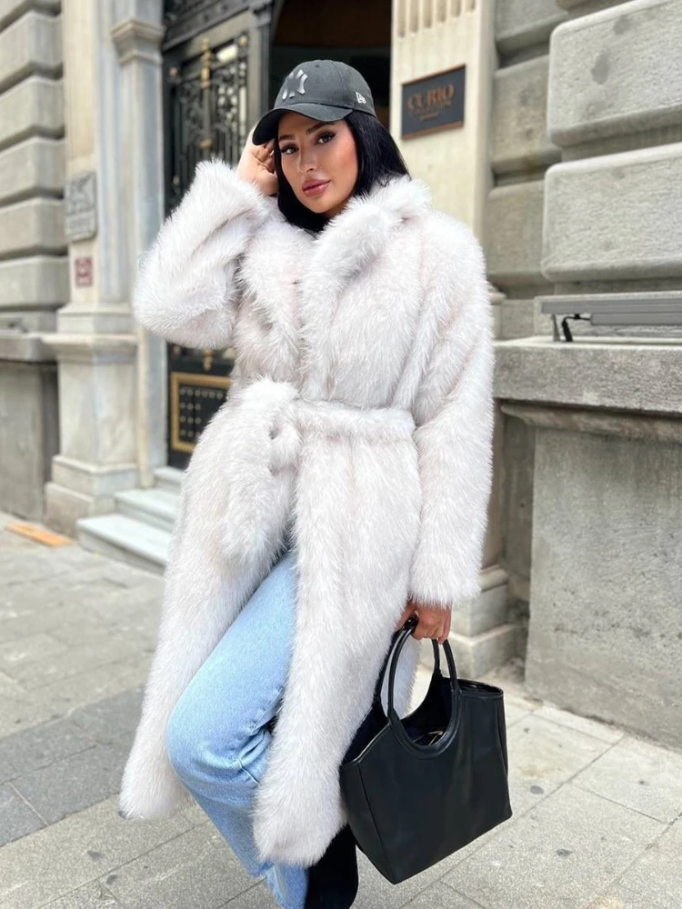 Casual Belt Faux Fur Long Women Coat Urban Full Sleeve Lapel Pocket Thick Female Streetwear 2025 Winter New Lady Parkas Outwear