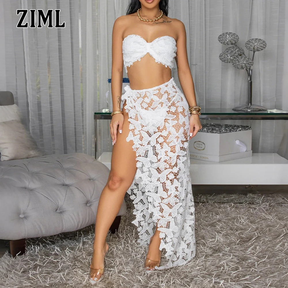 

ZIML Sexy Lace Three Piece Sets for Women Minimalist Short Bikini High Waist Hollow Out Split Skirt Temperament Set Female Style