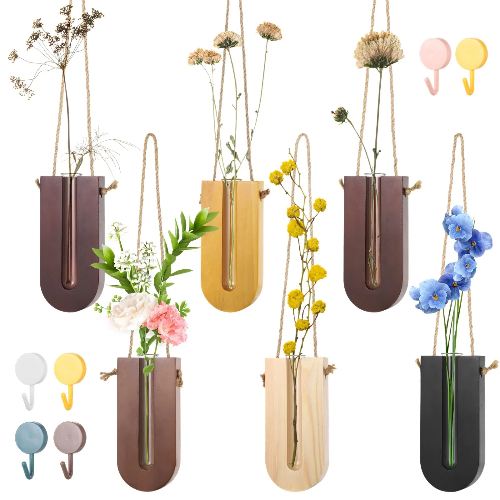 6Pcs/Set Wooden Wall Planters Wall Planter With Glass Tube Glass Flower Tube With Wooden Holder Wall Hanging Wooden Flower Vase