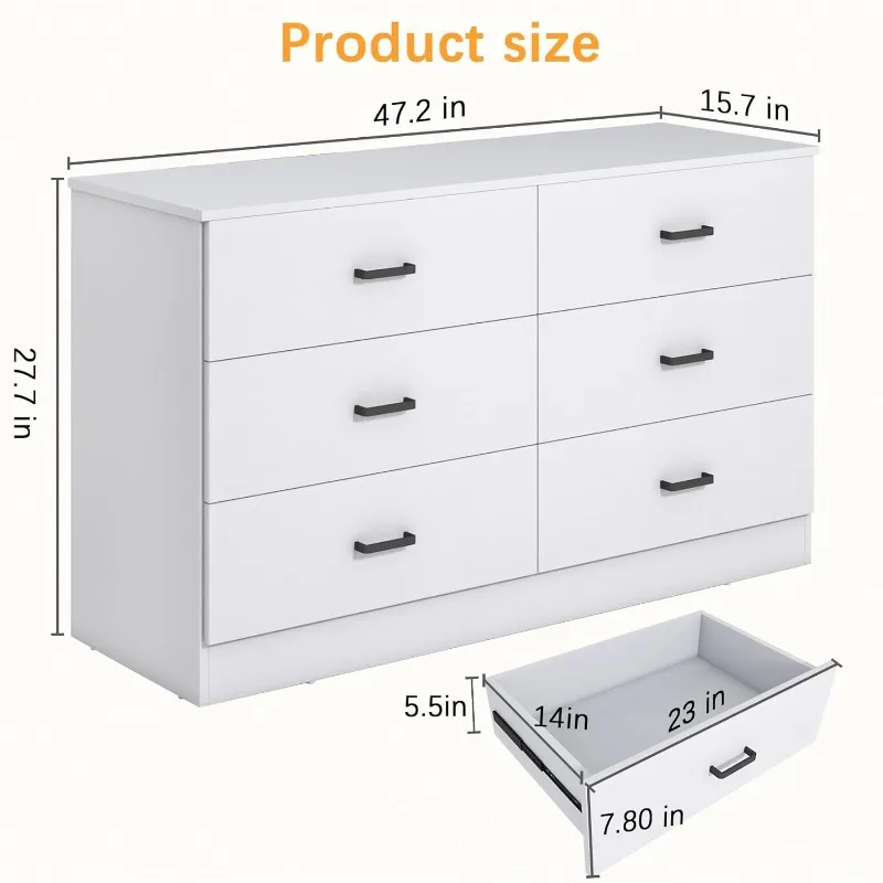 Wood Dresser for Bedroom, 6 Drawer Double Dresser with Metal Handles, Sturdy and Modern Chest of Drawers (White)