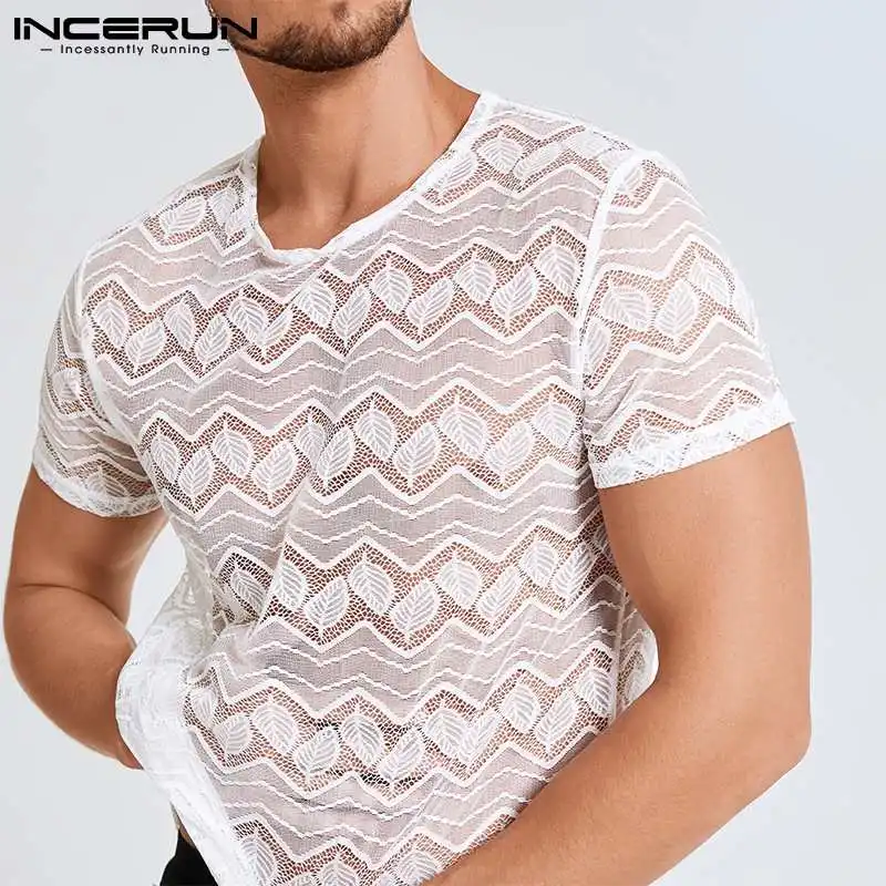 Men T Shirt Mesh Lace See Through Streetwear O Neck Breathable Short Sleeve Sexy Tee Tops Party Casual Camisetas S-5XL INCERUN