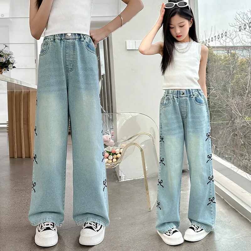 Girls\' Summer Thin Side Seam Embroidered Bowknot Jeans Loose Straight Wide Leg Denim Pants Teenagers Pure Color Washed Trousers