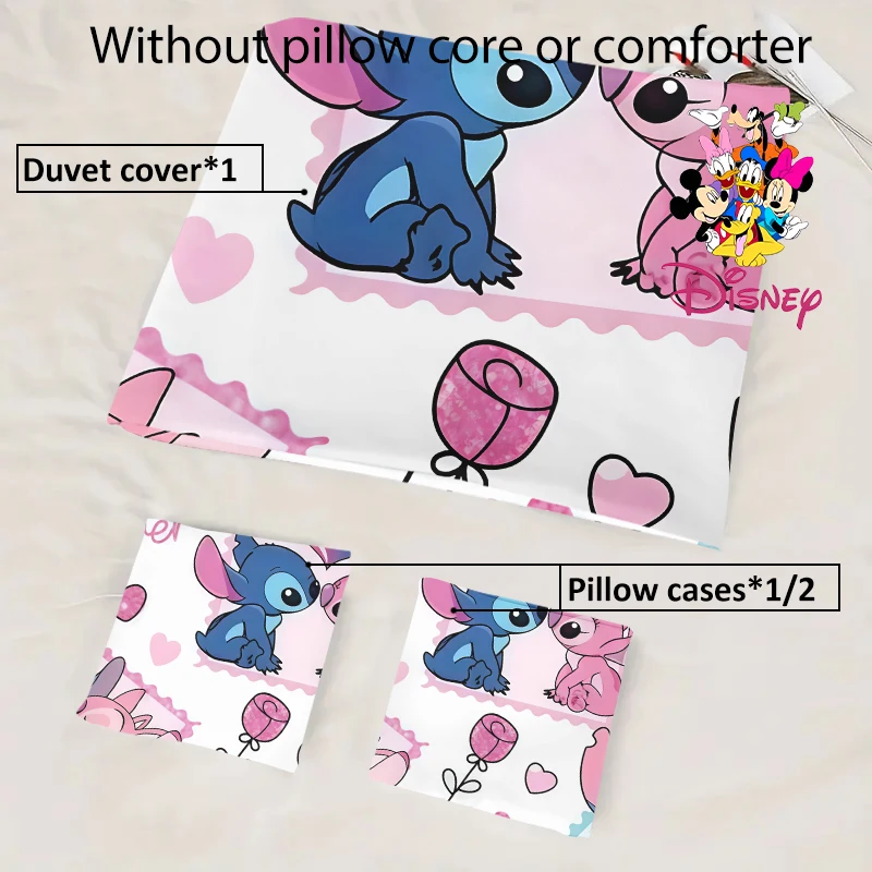 طقم غطاء لحاف ديزني ستيتش 2/3 قطعة بدون حشو، موضوع قلب للزوجين مناسب لغرف النوم العائلية وغرف الضيوف، للاستخدام في جميع المواسم