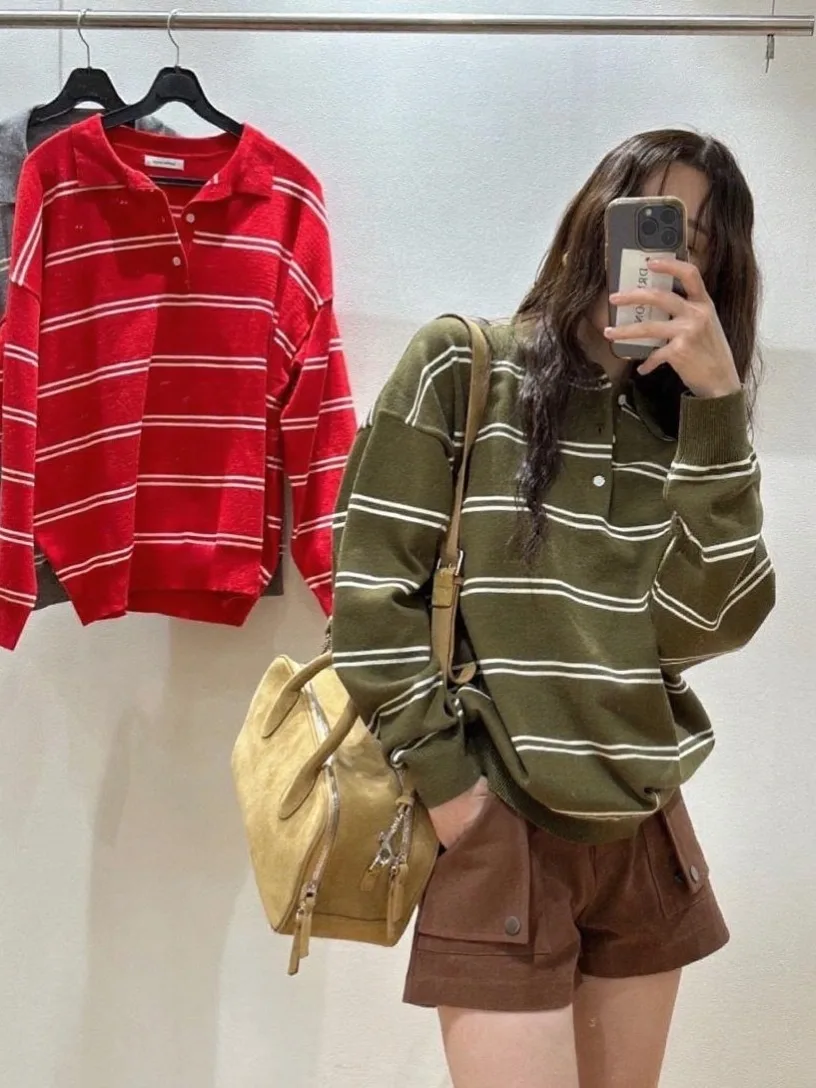 

Chic Autumn New Lazy Sle Ne Loose Striped Knitted Top Women's Long Sve Comfortable Fit Faionable Commute Wear