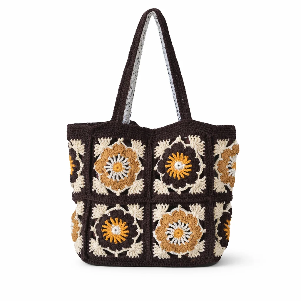 Yarn Handmade Crochet Shoulder Bag Vintage Granny Square Tote Retro Knitted Flower Pattern Bag Large Capacity Boho Casual Women