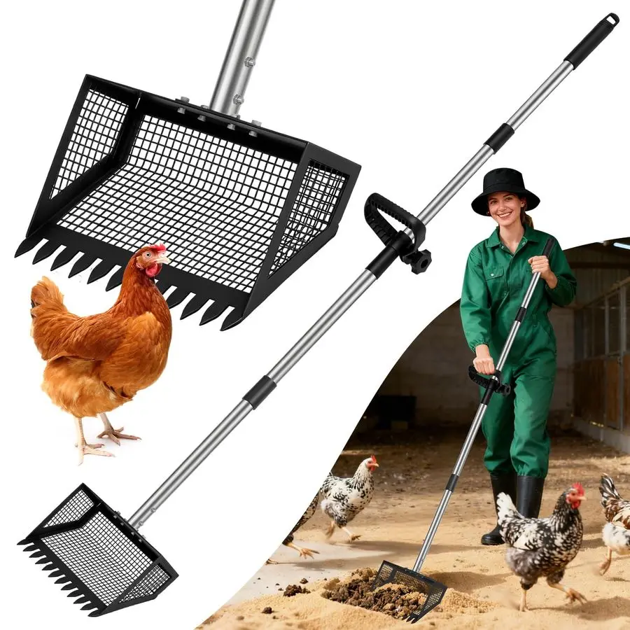 Poop Scooper amp Rake 2in1,10 مغرفة حظيرة الدجاج المعدنية لـ Poop مع مقبض من الفولاذ المقاوم للصدأ قابل للتعديل من 35 إلى 62، مغرفة القمامة أ #1