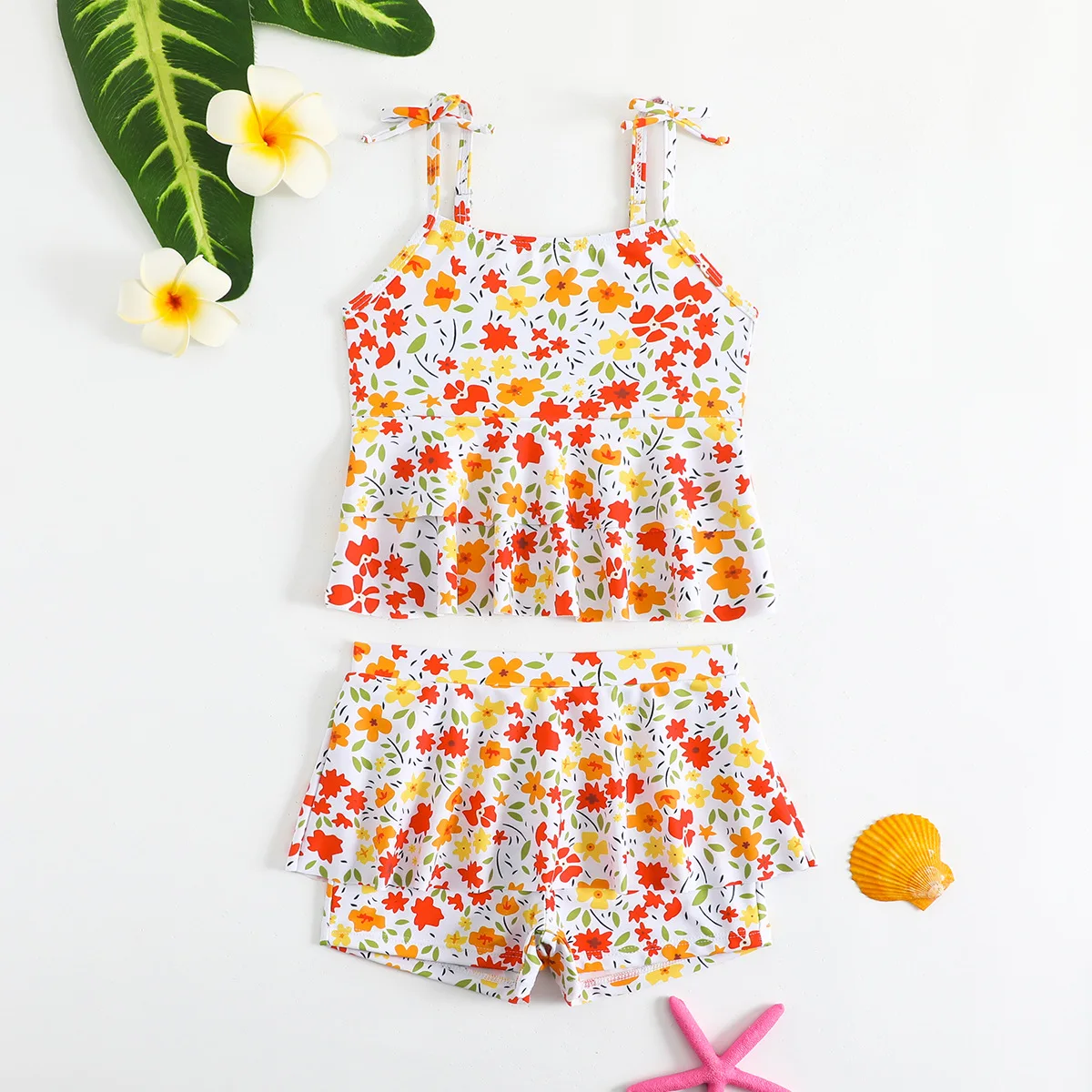 

4-7Years Kids Girls Bikinis Set Floral Print Bowknot Swimsuit Summer Swimwear Toddler Bathing Suits Beachwear Two-Piece Suits