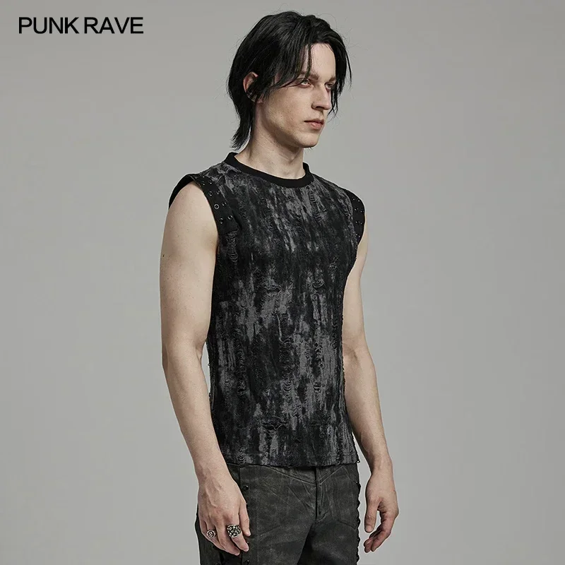 PUNK RAVE Men's Punk 3D Jacquard Personalized Tank Daily Handsome Cool Black Tops Streetwear Men Clothing Summer 2 Colors