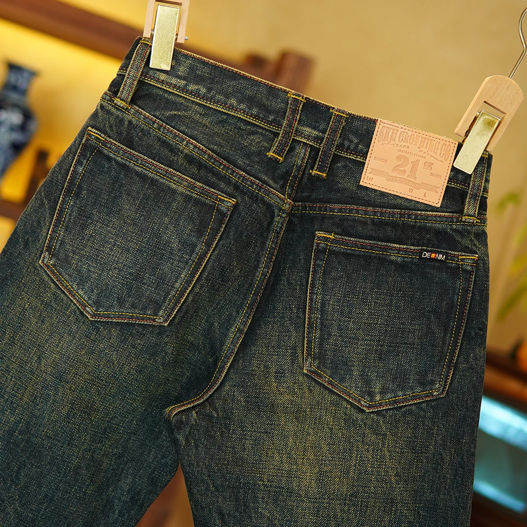 Pantalones vaqueros de mezclilla con orillo índigo de peso pesado de 21oz, pantalones gruesos informales de invierno 100% de algodón holgados de pierna recta para hombre, Retro americano