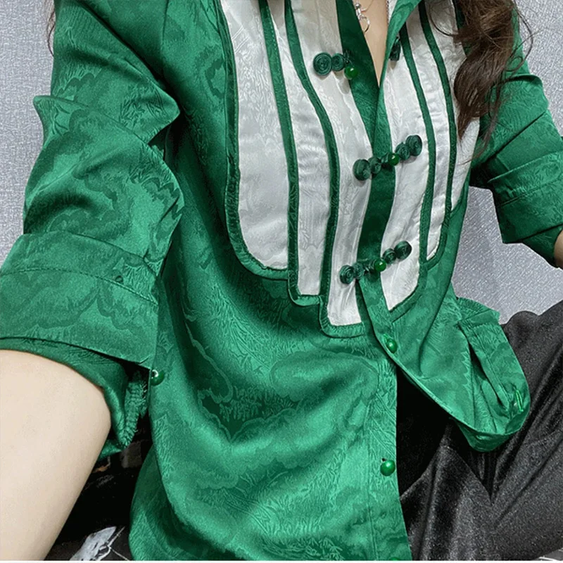 Spring Autumn Chinese Style Fashion Harajuku Tops Women Casual All Match Female Clothes Patchwork Blouse Long Sleeve Shirt Lady