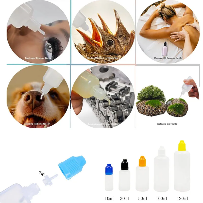 

100 шт., 3-120 мл, пустые сжимаемые пластиковые бутылки-капельницы из ПЭВД с длинными контейнерами, дорожный контейнер с цветными крышками и воронками