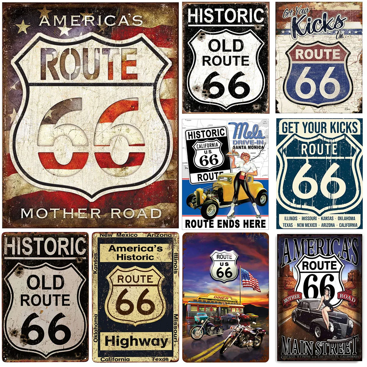 Retro Tin Sign Metal Poster Vintage American Historic Old  66 Wall Decor for Garage Bar Restaurants Cafe Club Plaque Man Cave