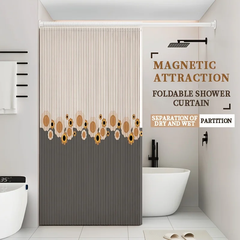 Foldable Printed Shower Curtain Magnetic Absorption Design No Drilling Required Home Decor Shower Partition 3 Color Options