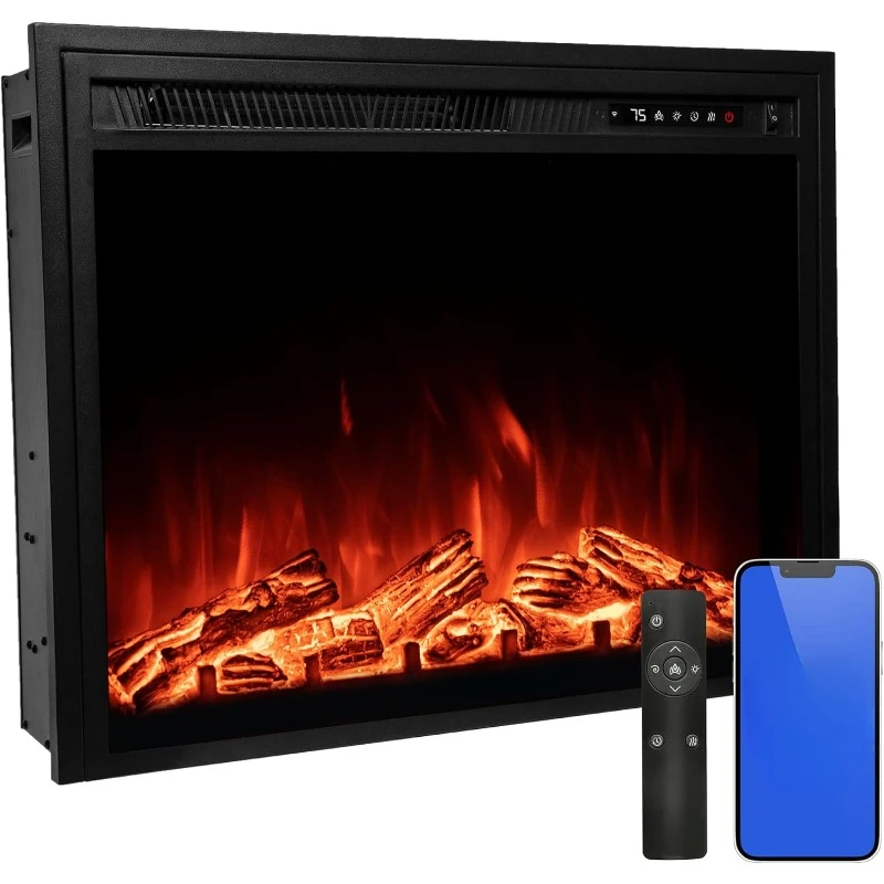 28 Inch Electric Fireplace Heater, Compatible with Alexa & Google Home, in-Wall Recessed Fireplace Insert, 24 Hour Timer