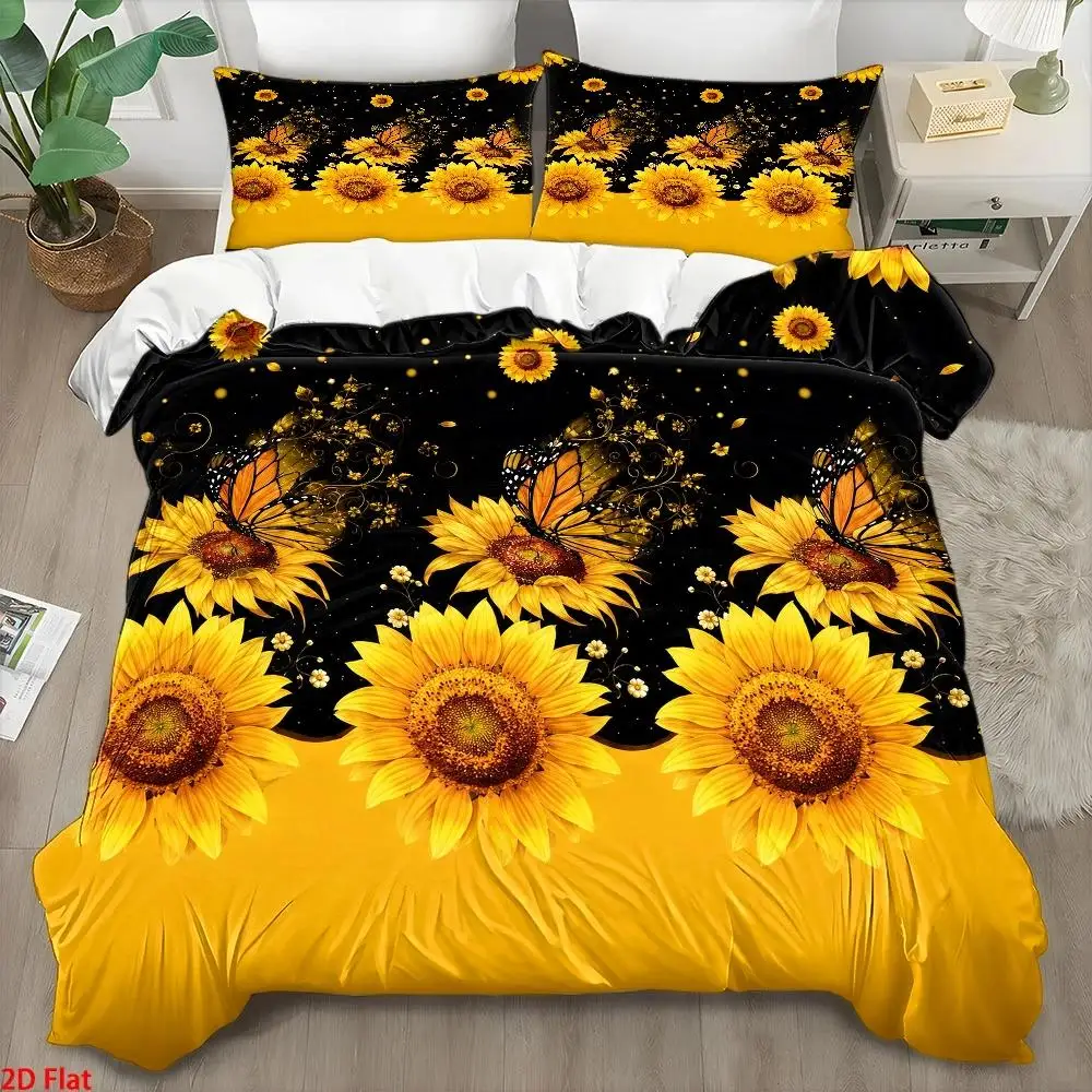 3Pc Sunflower Butterfly Print Duvet Cover Set, Bedding Three-Piece Set (1*Duvet Cover + 2*Pillowcases), Light Luxury Style, Skin-Friendly, Breathable, Machine Washable, Suitable for All Seasons, Polyester Woven, Suitable for Home, Dormitory, Master Bedroom, Guest Room, Anti-Wrinkle, Easy to Clean, Durable, Modern Minimalist Nordic Style, Double Bedding for Cozy Home Living, Student Dormitory Bedding with Invisible Zipper, Bed Cover Set for Large Double Bed, 2D Flat Print, Price History