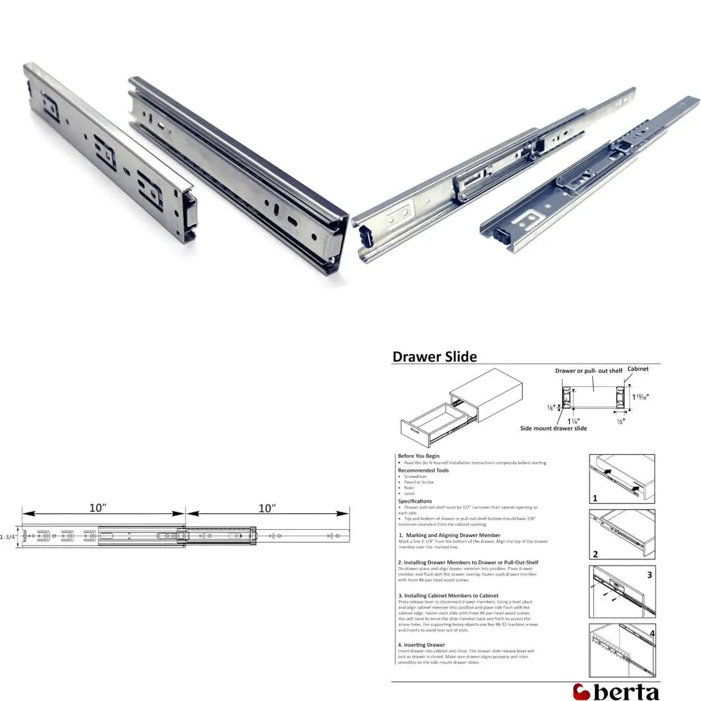 

Heavy-Duty Steel Ball Bearing Drawer Slides, 10 Pairs, 10 Inch, Full Extension, 100 lbs Load Rating, Side Mount, Durable Constru