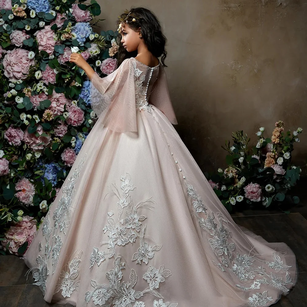 Vestidos sencillos personalizados para niñas de flores, apliques de encaje, plumas, vestidos de desfile con lentejuelas, cuello redondo, largo hasta