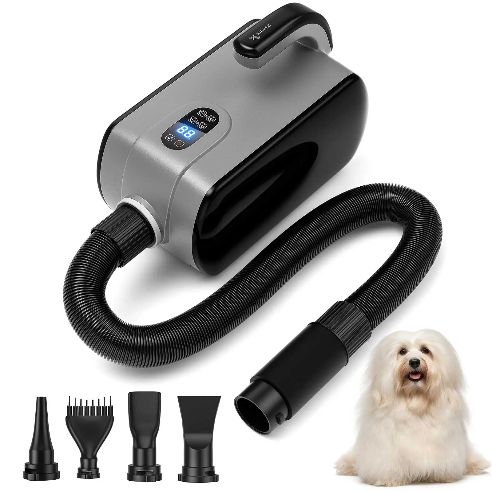 2800W Pet Dog Blow Dryer Adjustable Speed Temperature Control with 4 Nozzles and Extendable Hose for Pet Hair Grooming 110V US