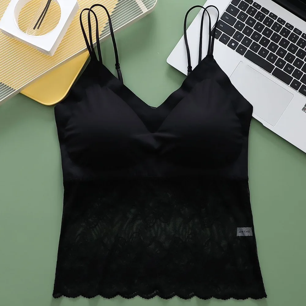 

Fashion Mesh Thin Lace Seamless Camisole Ice Silk Sleeveless Lace Crop Tops Undershirt Slim Fit Suspender Vest with Pads Ladies