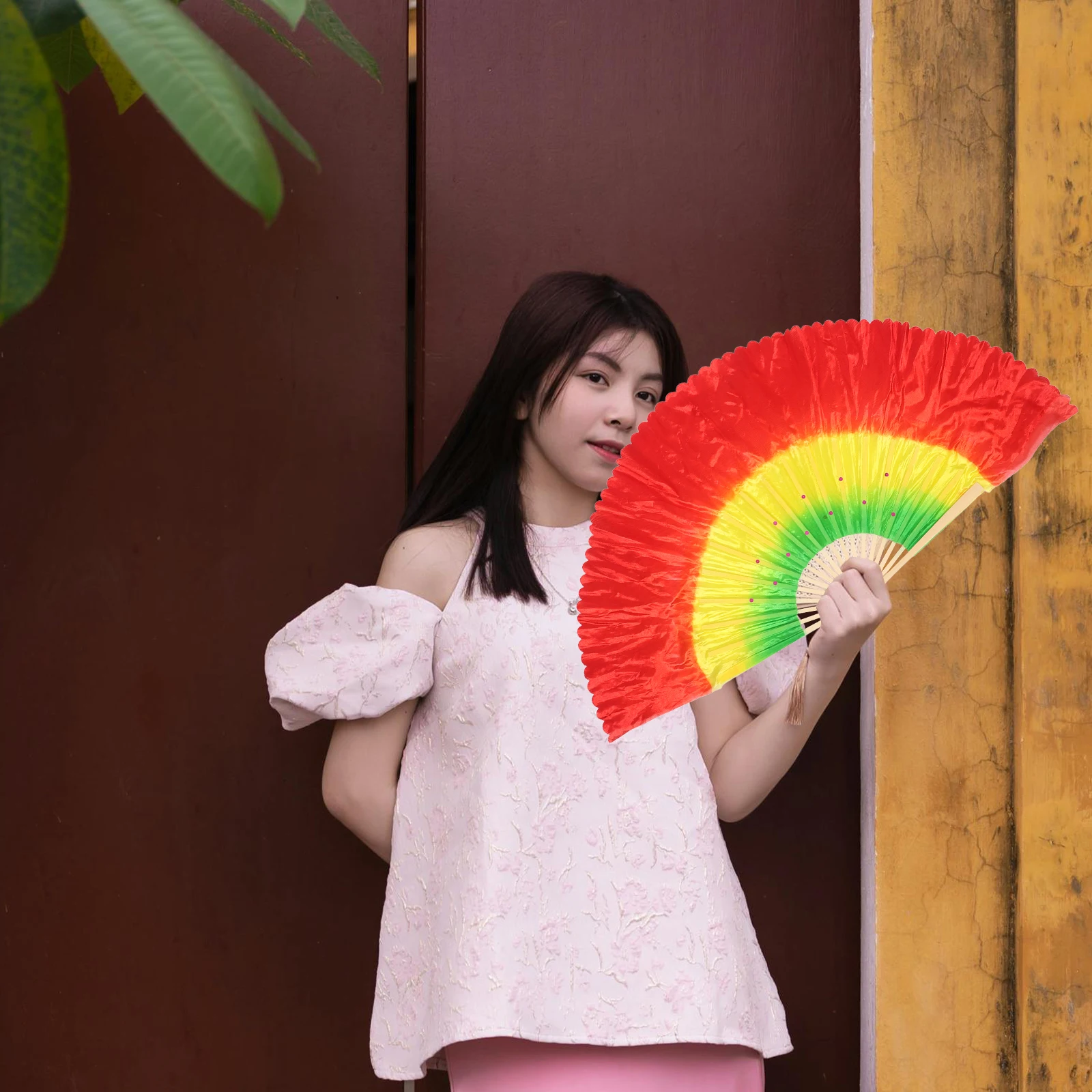 

2pcs Dance Fans Portable Wood Hand Fans Foldable Chinese Fabric Yoga Decor Colorful Exercise Prop
